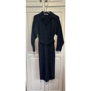 ZARA Belted Shirt Dress Maxi Size Medium Navy Blue Trench Boho Button Front